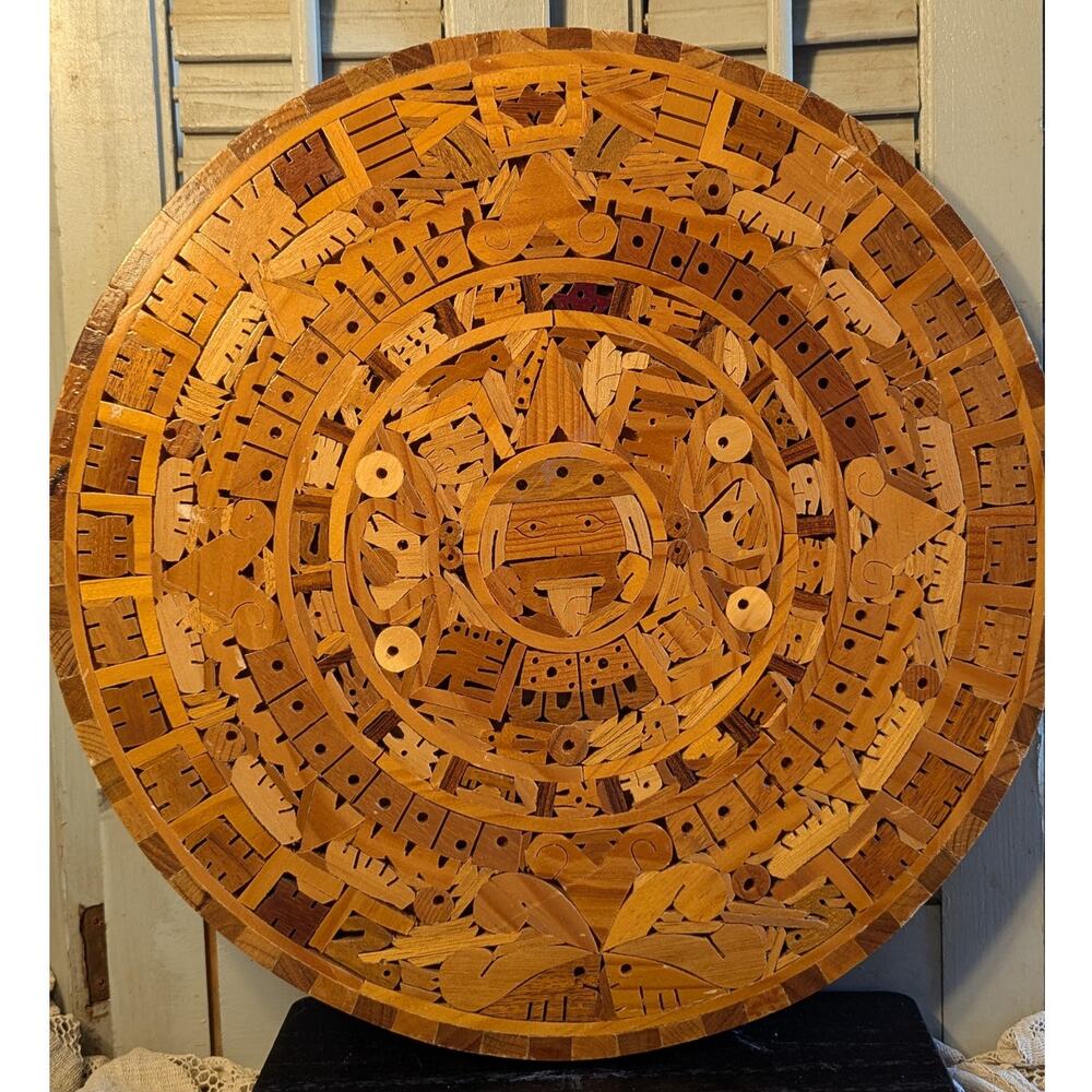 Handcrafted wooden inlay Aztec Sun Stone calendar wall art